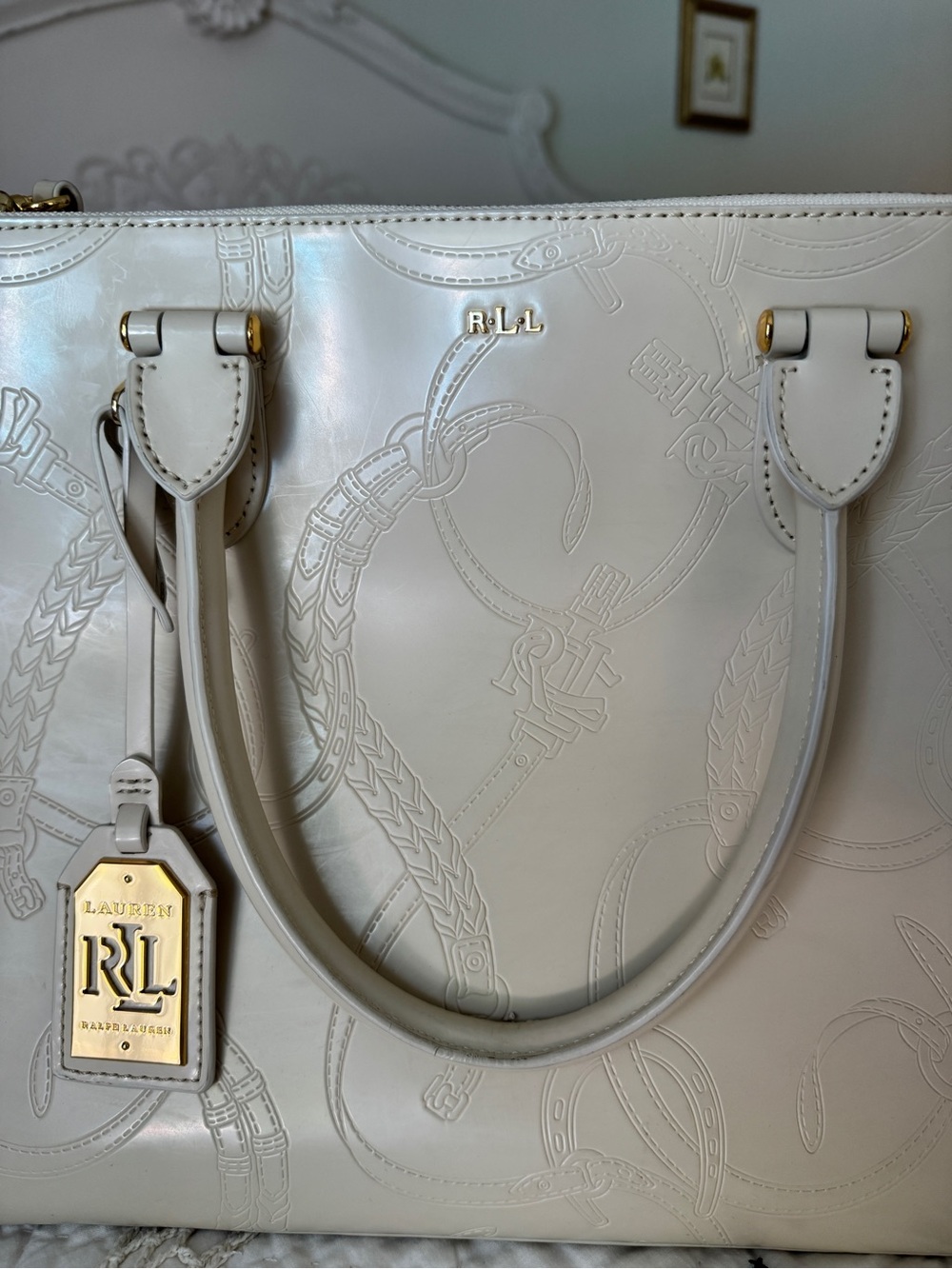Ralph Lauren “Taylor, Belti Double-Zip Embossed Leather Satchel” in Ivory - Picture 6 of 17